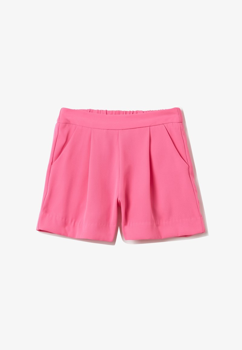 Roze geplooide shorts met een elastische tailleband, zijzakken en een gladde stoftextuur. Geen zichtbare patronen of extra details.
