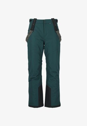 Teal vedenpitävät lumihousut, joissa on säädettävät harmaat olkaimet, vahvistetut mustat lahkeet ja viistetyt saumat paremman istuvuuden takaamiseksi.