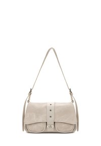 Beige leather shoulder bag with a textured suede flap, snap closure, and decorative hardware. Features adjustable shoulder strap and side pockets.