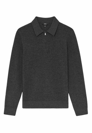 Dunkelgrauer Langarm-Pullover aus strukturiertem Stoff mit durchgehendem Reißverschluss und spitzem Kragen. Verfügt über einen gerippte Saum und Bündchen.