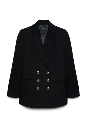 Blazer noir croisé avec six boutons dorés et deux poches avant, avec un col à revers cranté et des manches longues.