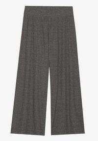 Pantalon à jambes larges de couleur gris foncé. Confectionné en tissu texturé avec des côtes verticales. Dispose d'une taille élastique pour plus de confort.