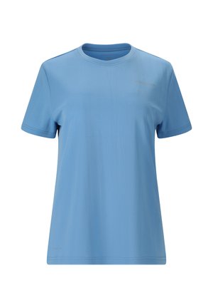 Lyseblå t-shirt med korte ærmer og rund hals, med diskret logo på brystet og nederst til venstre, enkel design, afslappet pasform.