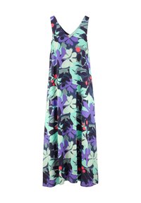 Floral Maxikleid aus leichtem Material, mit V-Ausschnitt, ärmellosem Design, lebendigen Farben in Grün, Lila und Rot sowie auffälligen Blättermustern.