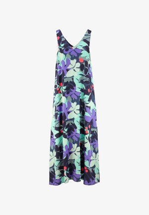 Abito maxi floreale in tessuto leggero, con scollatura a V, design senza maniche, colori vivaci di verde, viola e rosso con audaci motivi a foglia.