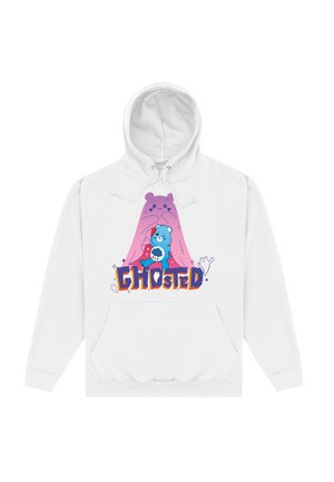 Biała bluza z kapturem z graficznym wzorem przedstawiającym niebieskiego niedźwiedzia i różowego ducha, z napisem "GHOSTED" w odważnym pomarańczowym kolorze oraz wesołymi animowanymi elementami.