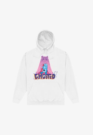 Biała bluza z kapturem z graficznym wzorem przedstawiającym niebieskiego niedźwiedzia i różowego ducha, z napisem "GHOSTED" w odważnym pomarańczowym kolorze oraz wesołymi animowanymi elementami.