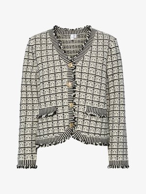 Pīts kardigans melnā un krēmkrāsā ar rūtainu rakstu. Tam ir volānu izgriezums, zelta pogas un dubultās kabatas.