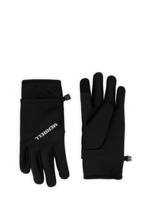 Paire de gants isolants noirs avec des points antidérapants sur les doigts et le logo Merrell au dos d'un gant, présentée à plat sur fond blanc.