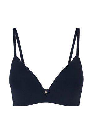 Dunkelblauer BH mit softem, dreieckigem Design, verstellbaren Trägern und einem kleinen goldenen Akzentdetail in der Mitte vorne. Glatte Textur.