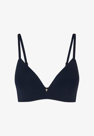 Granatowy stanik o miękkim, trójkątnym kształcie, z regulowanymi ramiączkami i małym złotym akcentem na przedniej części. Gładka tekstura.