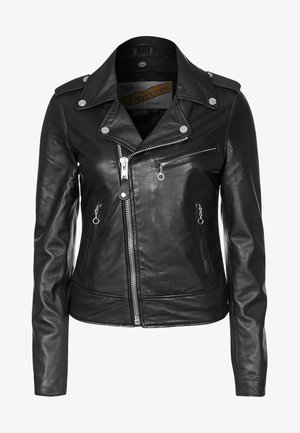 Sort lædermotorcykeljakke med sølvhardware, skulderepauleter, lynlåslommer og et tætsiddende design. Glat tekstur.