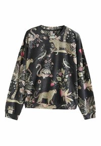 Czarna bluza z wyrazistym nadrukiem lampartów, flamingów i kwiatowych wzorów w różu i zieleni. Długie rękawy i okrągły dekolt.