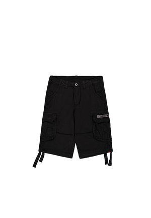 Fekete vászon cargo sort több zsebbel, állítható oldalszíjakkal és gombos derékzárral.