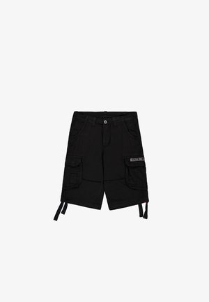 Mustad puuvillased cargo-lühikesed püksid, millel on mitmed taskud, reguleeritavad külgrihmad ja nupuvajutus vööl.