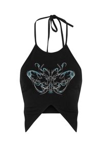 Svart halterneck crop topp laget av myk stoff med et intrikat sommerfugl grafisk design i blått og sølv foran, med en utskåret hem.