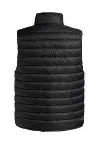 Black puffy vest with vertical stitching, high collar, and smooth texture. Lightweight design with a hem that curves slightly at the bottom.