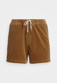 Bruna kordshorts med elastisk midjeband och vit dragsko.