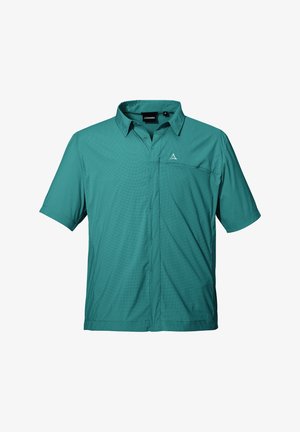 Camisa de botones de manga corta en tejido azul en tonos verde aguamarina con una textura suave. Cuenta con un bolsillo de parche y un pequeño logo en el pecho.