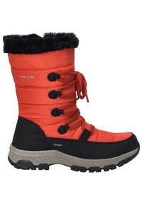 Rote isolierte, wasserdichte Stiefel mit einem Kunstpelz-Bündchen, Schnürdesign, schwarzen Stoffakzenten und einer strapazierfähigen, profilierten Sohle.