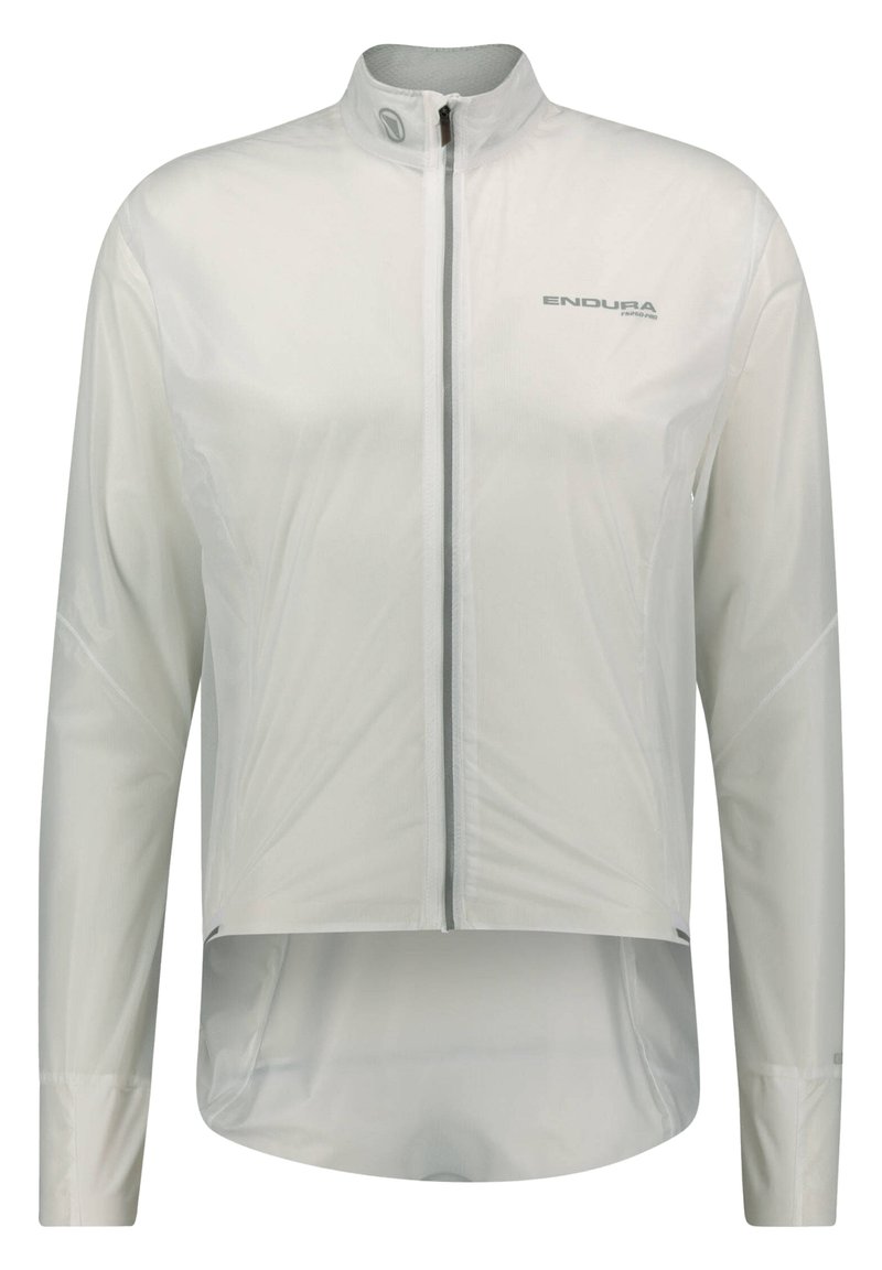 Witte windbreaker jas met lange mouwen, ritsen en een hoge kraag. Reflecterend logo op de borst en een langere achterkant. Lichtgewicht materiaal.