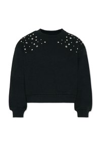 Czarna krótka bluza z bawełny z długimi rękawami, ozdobiona srebrnymi gwiazdkami i kamieniami na ramionach.