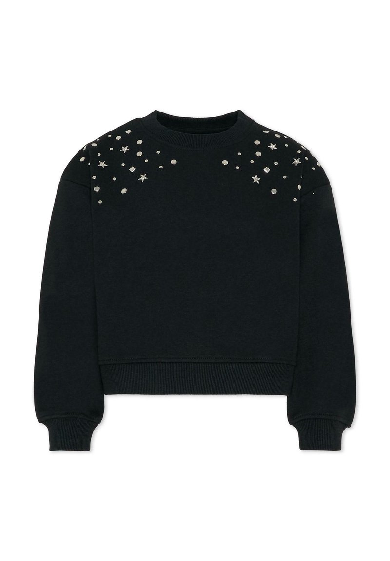 Czarna krótka bluza z bawełny z długimi rękawami, ozdobiona srebrnymi gwiazdkami i kamieniami na ramionach.