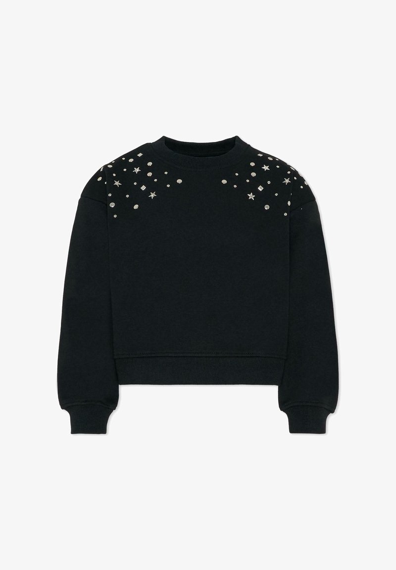 Czarna krótka bluza z bawełny z długimi rękawami, ozdobiona srebrnymi gwiazdkami i kamieniami na ramionach.