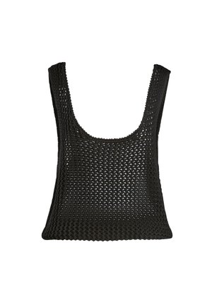 Top de tirantes anchos de crochet negro con escote en forma de barco. Presenta una textura de punto abierto y un corte relajado.