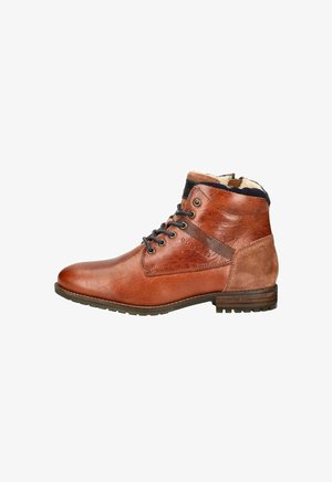 Brown leather ankle boot with suede accents, round toe, lace-up front, and a plush interior lining for comfort. Textured and smooth materials.