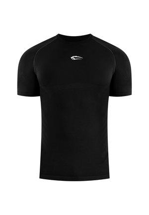 Black short-sleeve athletic shirt with crew neck, featuring a small white stylized animal head logo on the chest.