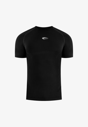 Black short-sleeve athletic shirt with crew neck, featuring a small white stylized animal head logo on the chest.