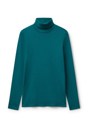 Türkise Langarm-Turtleneck-Bluse mit schlichter Gestaltung und weichem Stoff, flach auf einem weißen Hintergrund präsentiert.