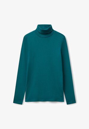 Teal long-sleeve turtleneck shirt with a plain design and soft fabric, displayed flat on a white background.