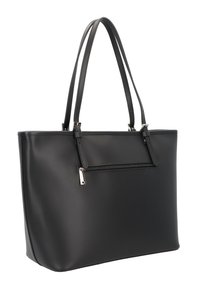 Black tote bag made of smooth synthetic material. Features dual shoulder straps, a zippered pocket on the front, and a minimalist design.