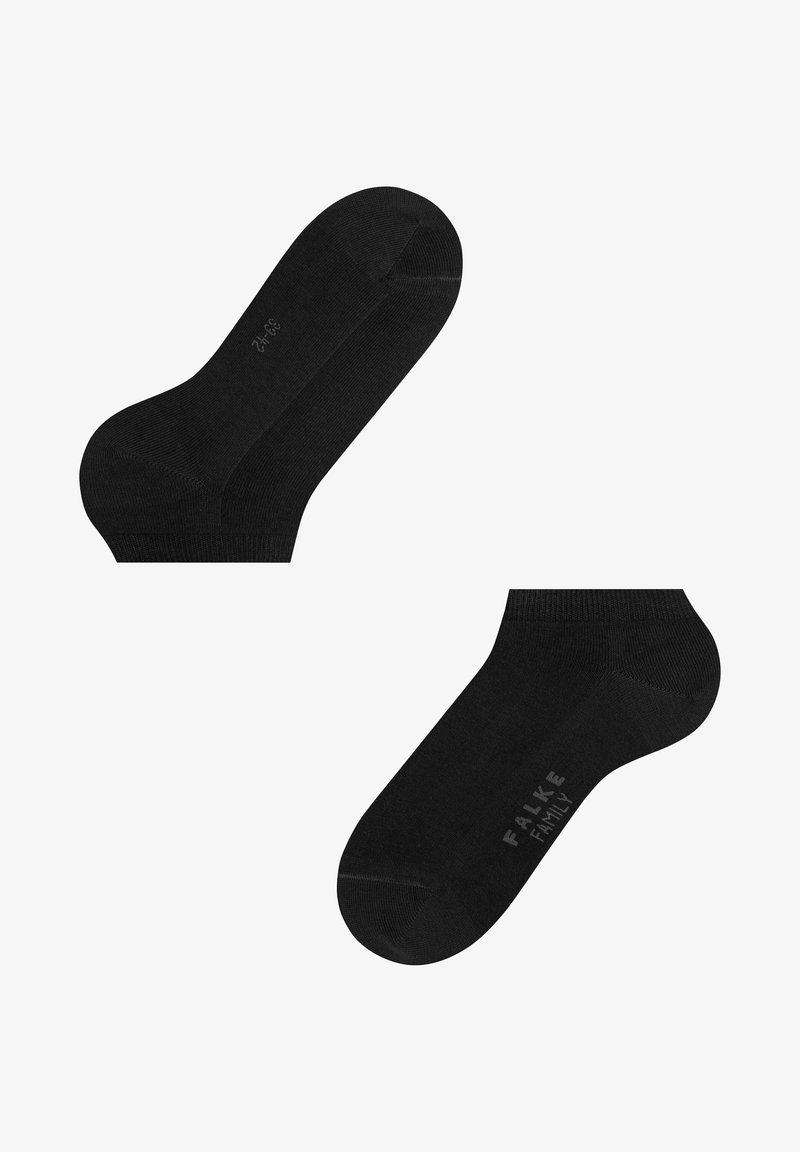 Black ankle socks made from a smooth, opaque fabric. Features a rounded toe, reinforced heel, and subtle logo near the cuff.