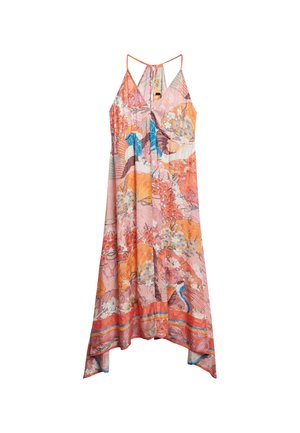 Multikleurige mouwloze jurk met een v-hals, bloemen- en vogelpatronen, chiffon materiaal en een asymmetrische zoom.