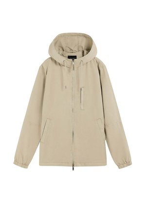 Veste beige à capuche avec fermeture éclair intégrale sur le devant, capuche avec cordon de serrage, poignets élastiques, deux poches latérales et une poche verticale sur la poitrine.