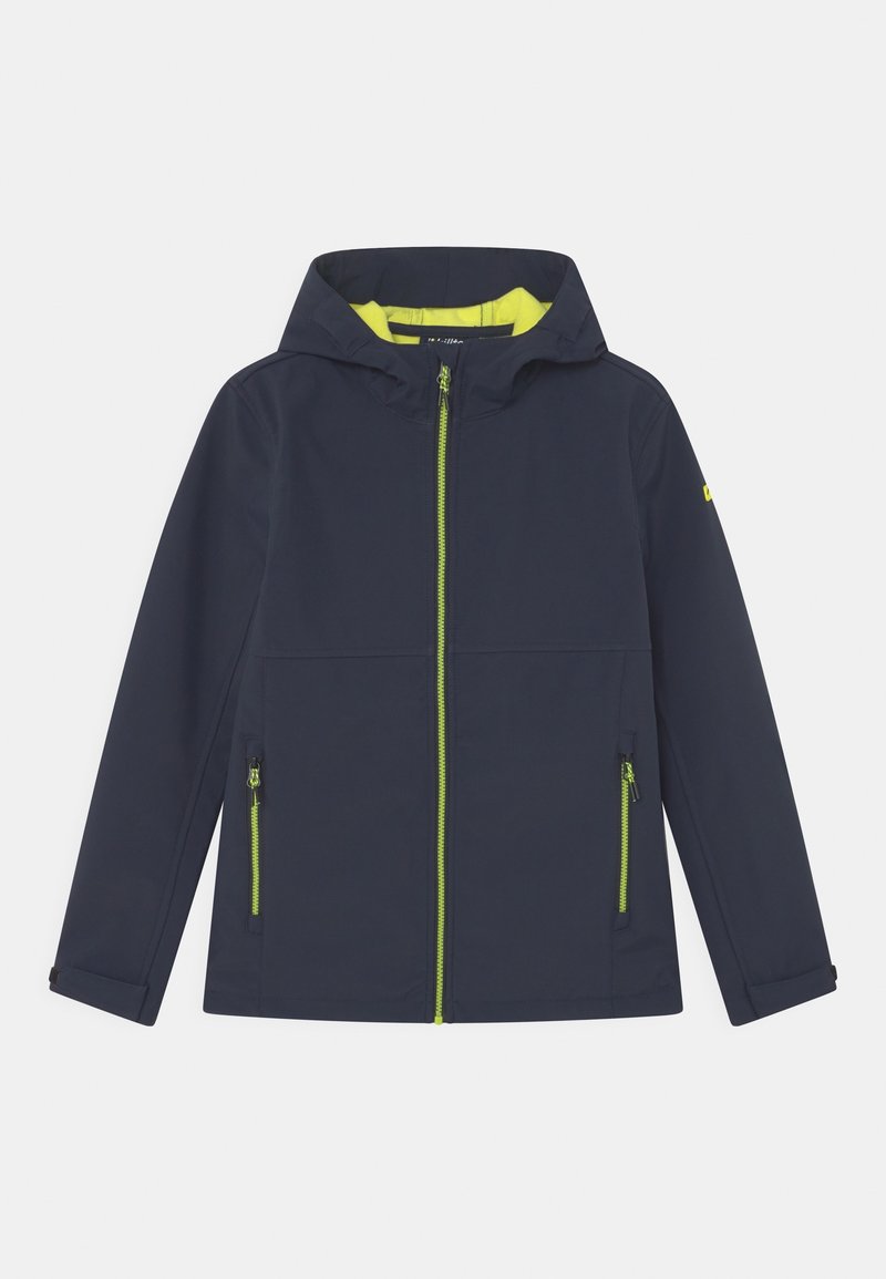 Veste bleu marine avec capuche, dotée d'une fermeture éclair et d'accents verts vifs. Deux poches avant zippées, texture lisse et coupe moderne.