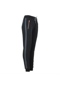 Los pantalones de chándal negros presentan un diseño ajustado, una cintura con cordón y una franja lateral gris en contraste con un bolsillo con cremallera. Textura de tela suave.