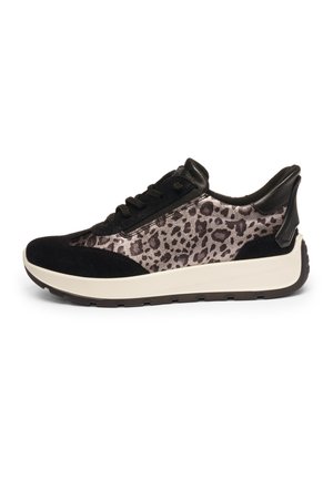 Black and beige sneaker with leopard print fabric, black suede overlays, and white sole, shown from the outer side.