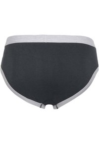 Schwarze Baumwollunterhosen mit einem hellgrauen elastischen Bund. Sie verfügen über eine glatte Textur und ein kurvenförmiges Design hinten. Keine sichtbaren Muster oder Beschläge.