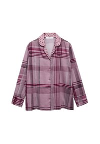 Camisa de botones en cuadros rosas con mangas largas, que presenta un cuello de lunares y una textura de tela suave.