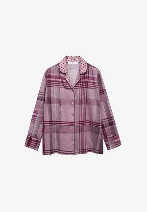 Knapparad skjorta i rosa rutigt med långa ärmar, med en prickig krage och en mjuk tygtextur.