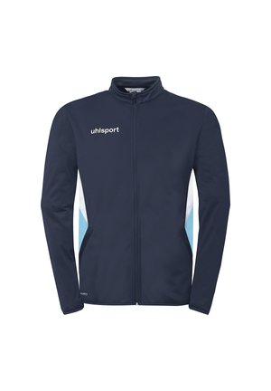 Mørkeblå sportjakke med lynlås, hvide og lyseblå sidelommer, ståkrave og "uhlsport"-logo på brystet.
