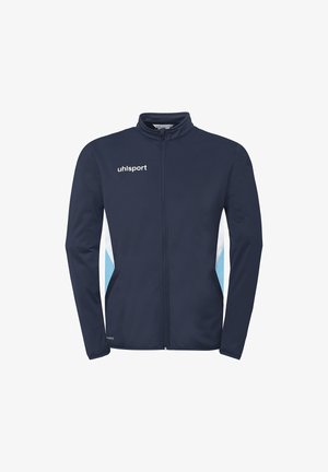 Navy blue zip-up sports jacket with white and light blue side panels, standing collar, and "uhlsport" logo on the chest.