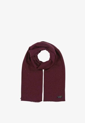 Burgundy scarf made of soft fabric, featuring small decorative shimmering spots, fringed ends, and a stitched logo on one side.