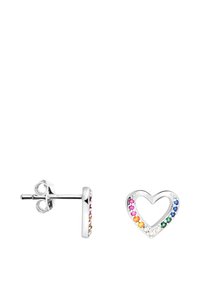 Hjärtfomade ovala örhängen i silver med flerfärgade glittrande ädelstenar som är ordnade i en gradient runt kanterna. Polerad yta.