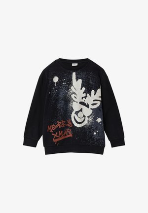 Sweatshirt noir avec un graphique de visage de renne blanc et "MERRY XMAS" en style peinture en spray rouge. Tissu doux avec une coupe décontractée.