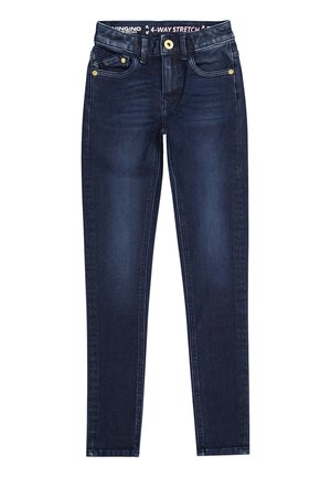 Dark blue slim-fit jeans with front pockets, belt loops, button closure, and visible "4-way stretch" label inside waistband.
